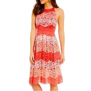 NWT BADGLEY MISCHKA PEGGY FLORAL OMBRÉ LACE HALTER PLEATED MIDI DRESS